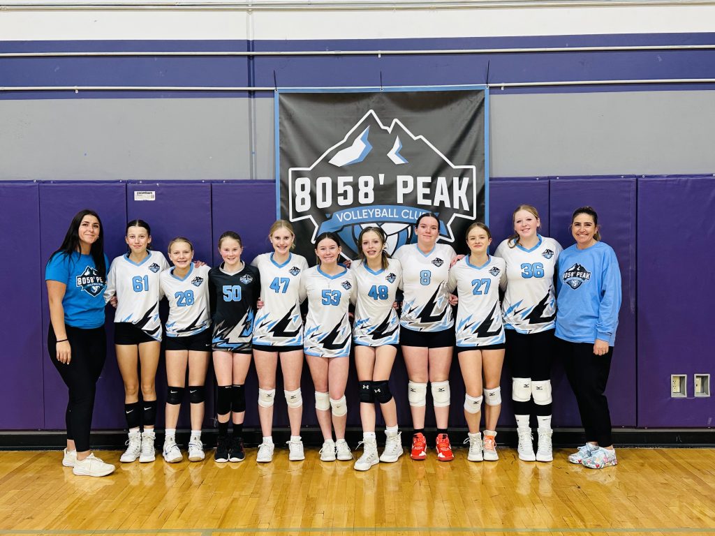 8058 Peak Volleyball Club team photo in front of their banner