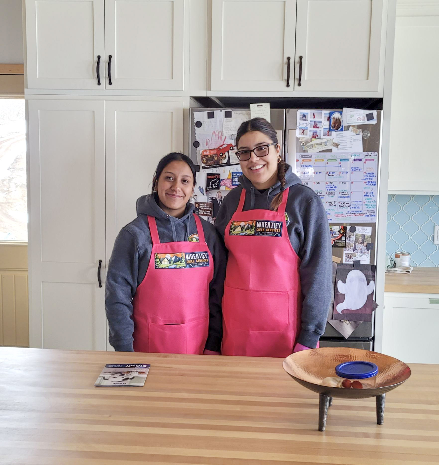 Two Wheatley Creek Services team members in pink aprons during a Cleaning for a Reason home visit