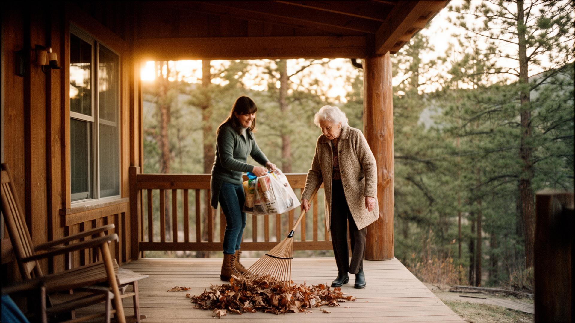 A Wheatley Creek volunteer helping a senior neighbor on her porch in Grand County, Colorado