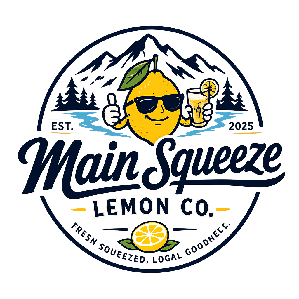 Main Squeeze Lemon Co. logo: a cheerful lemon in sunglasses holding lemonade in front of mountains